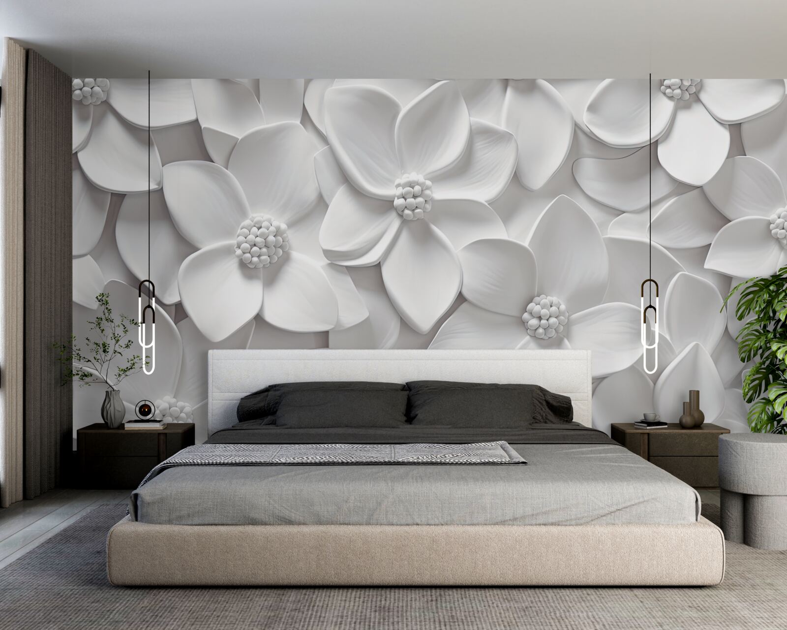 Фотошпалери білі квіти, об'єднані в барельєф