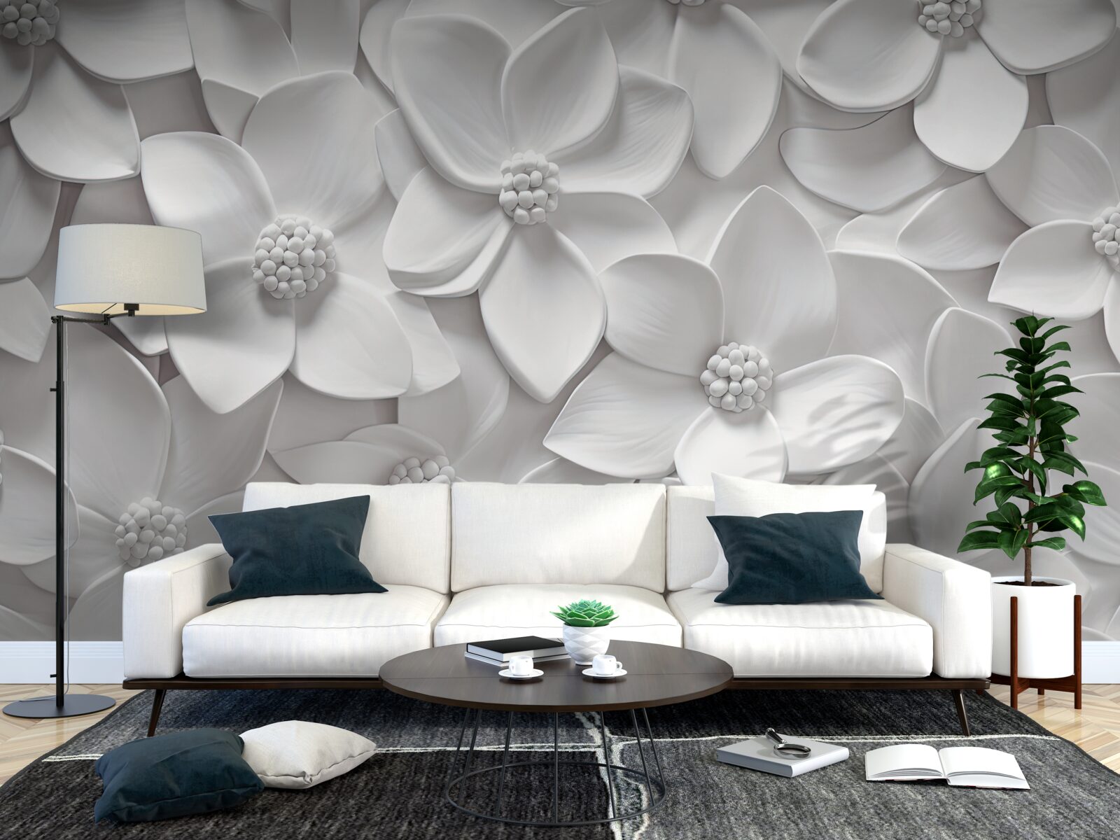 Фотошпалери білі квіти, об'єднані в барельєф