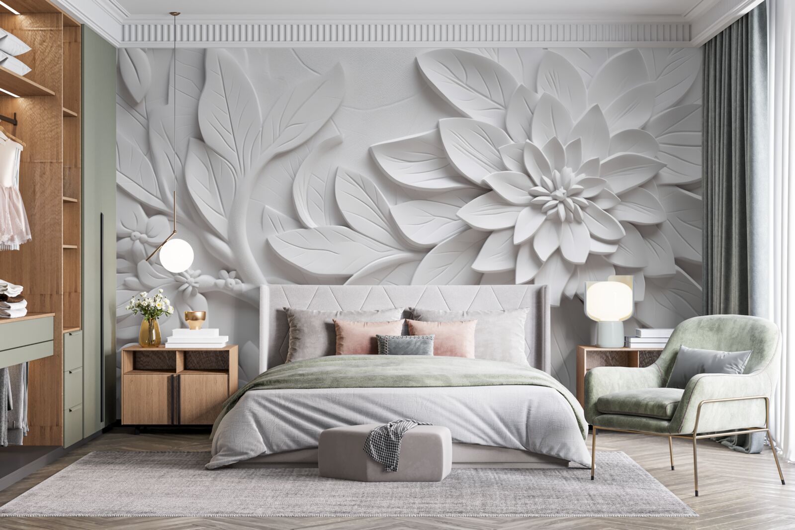 Фотошпалери фактурні білі квіти