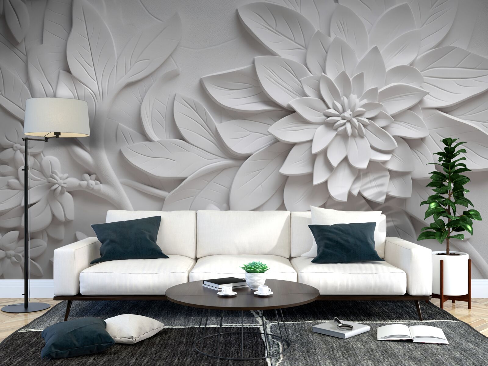 Фотошпалери фактурні білі квіти