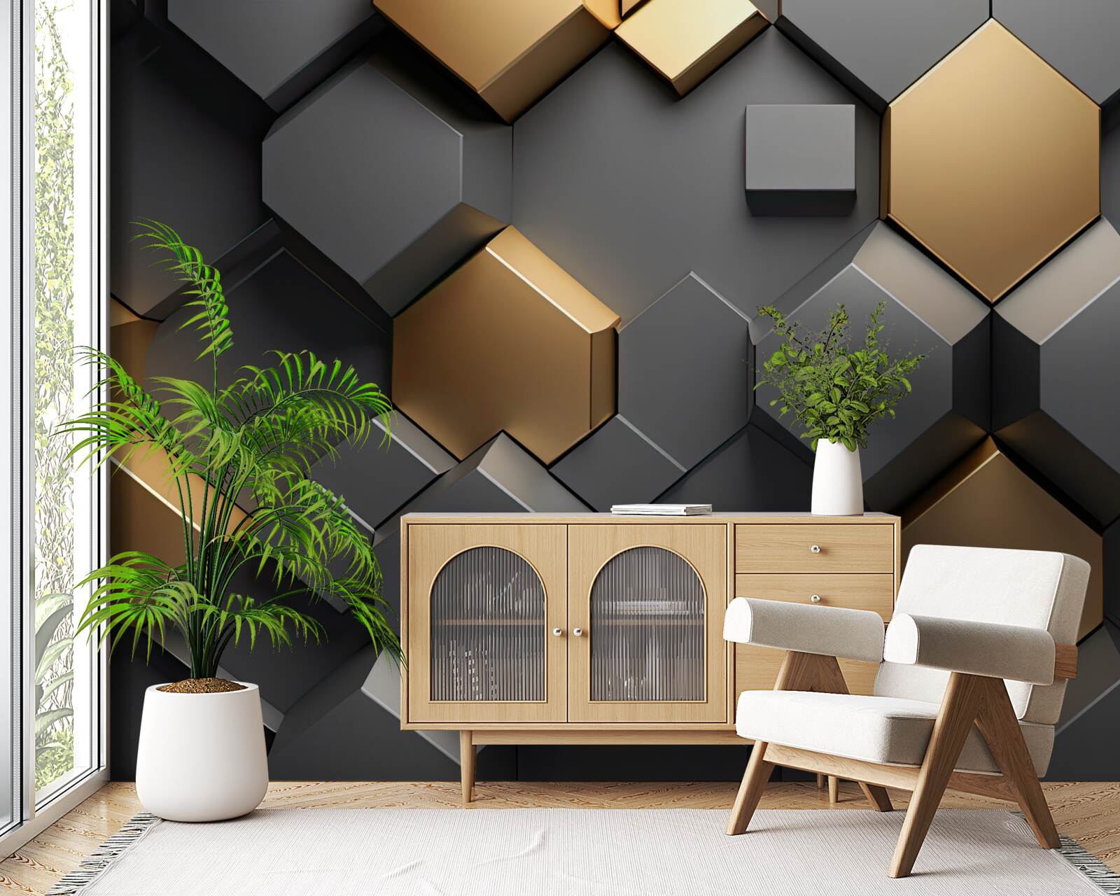 Фотошпалери геометричні фігури в чорному та золотому кольорах