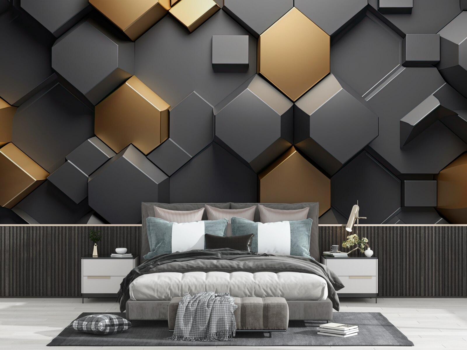 Фотошпалери геометричні фігури в чорному та золотому кольорах