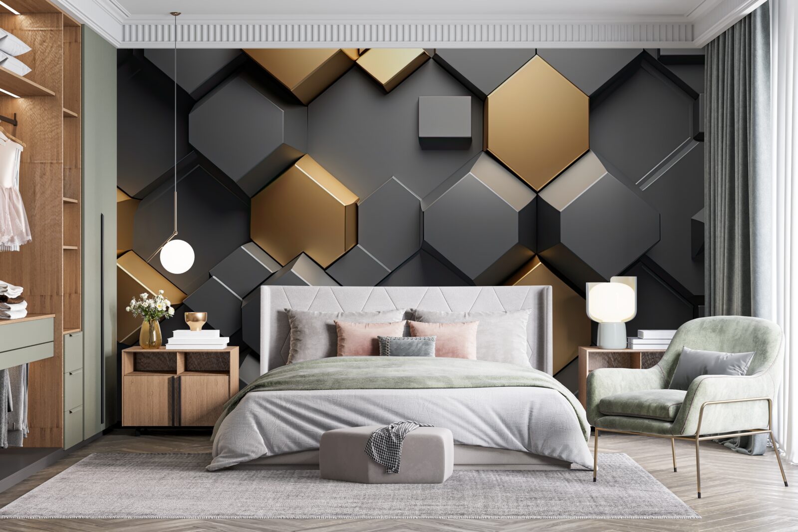 Фотошпалери геометричні фігури в чорному та золотому кольорах