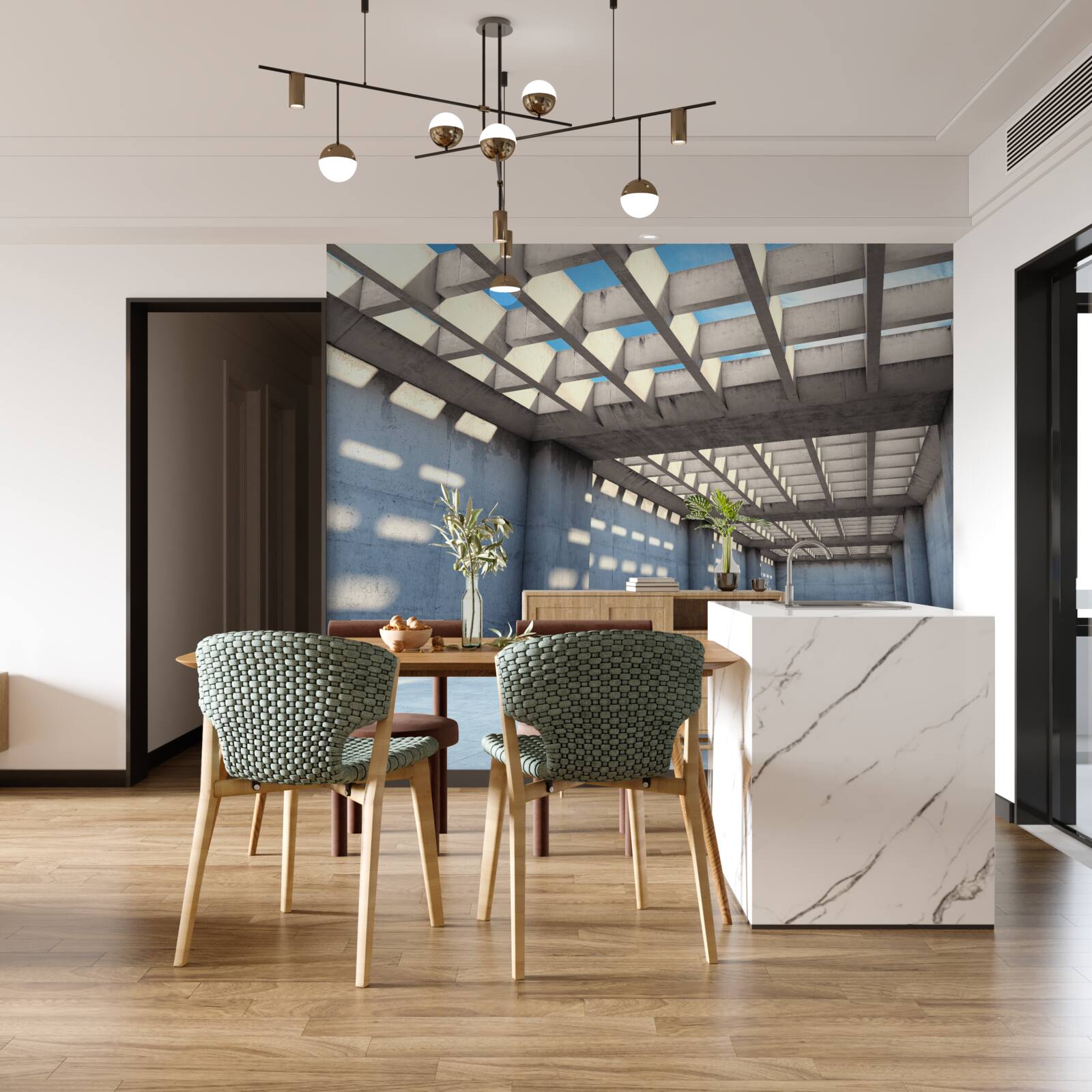 Фотошпалери залитий світлом передпокій з прозорою дерев'яною стелею