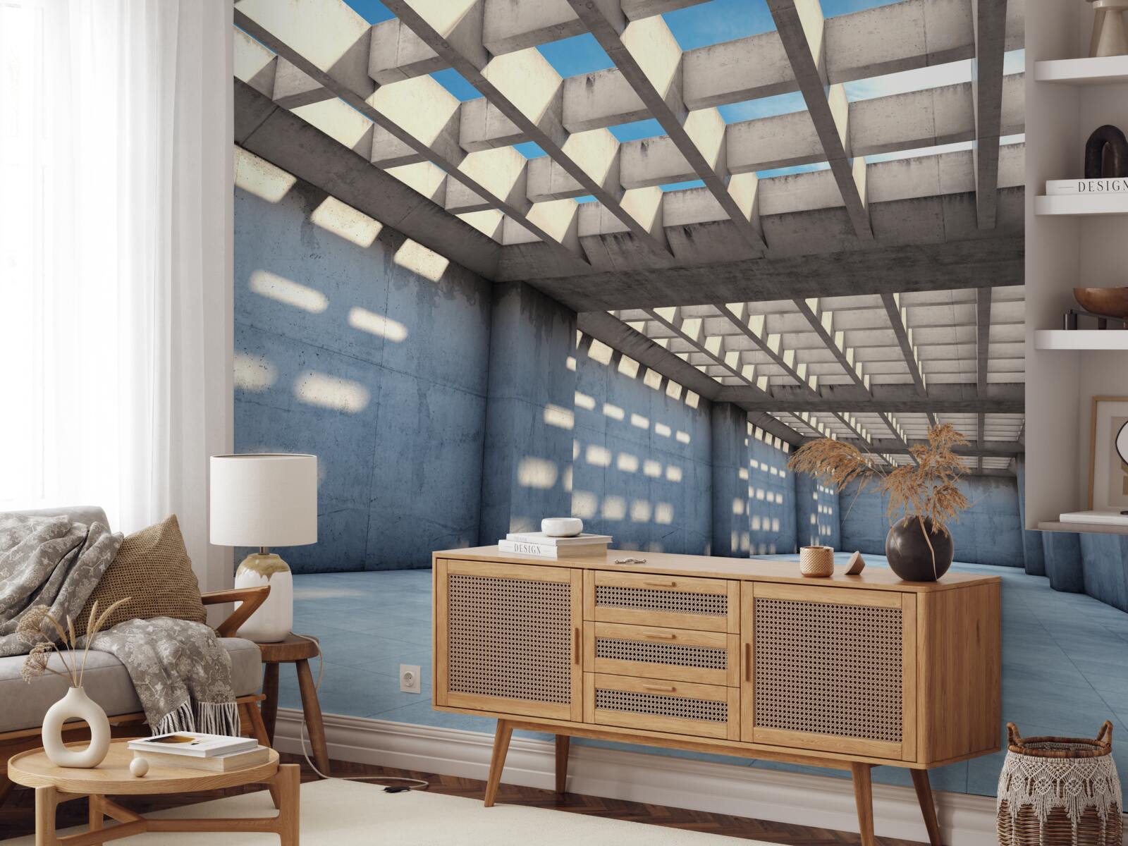 Фотошпалери залитий світлом передпокій з прозорою дерев'яною стелею