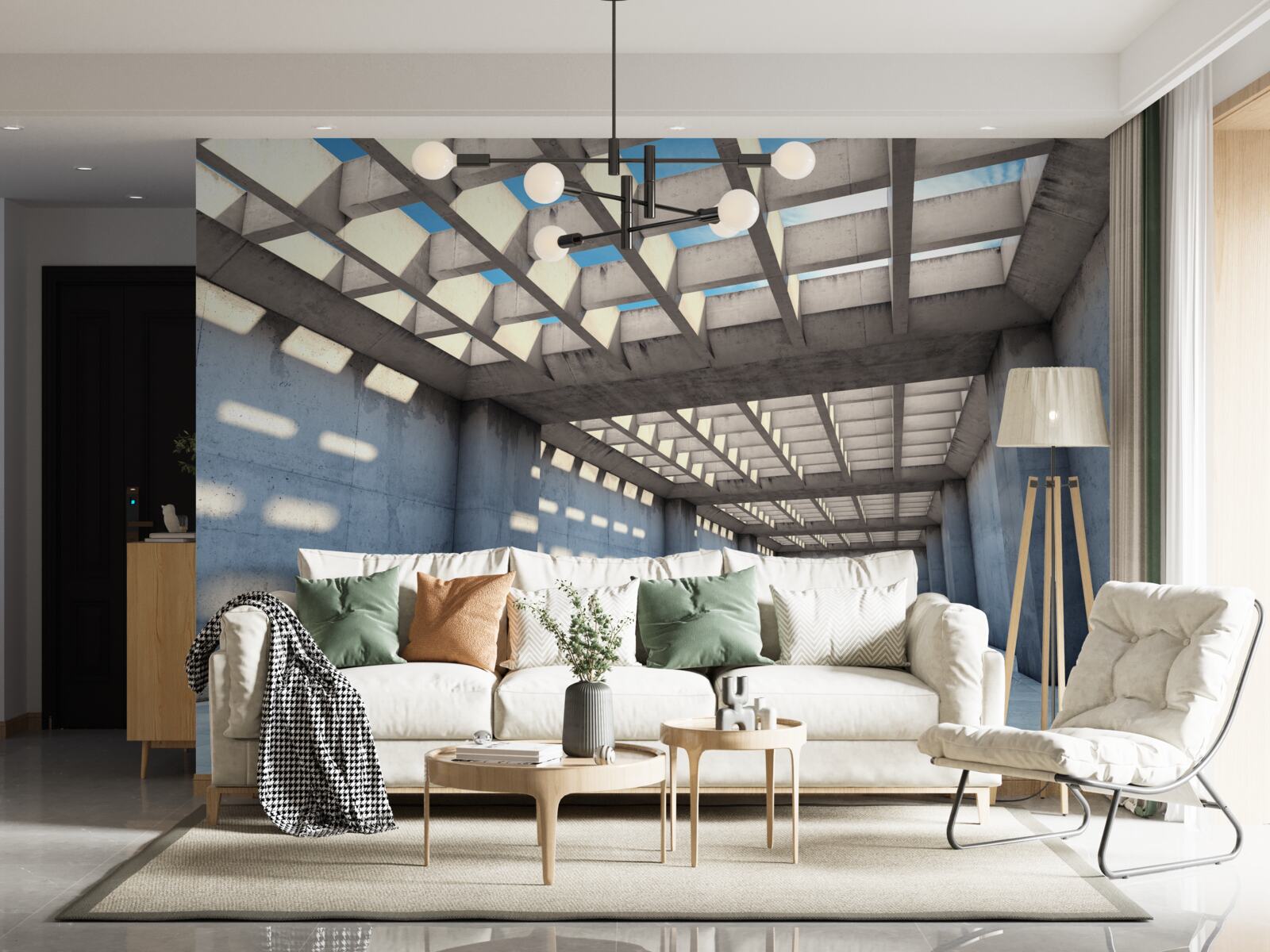 Фотошпалери залитий світлом передпокій з прозорою дерев'яною стелею