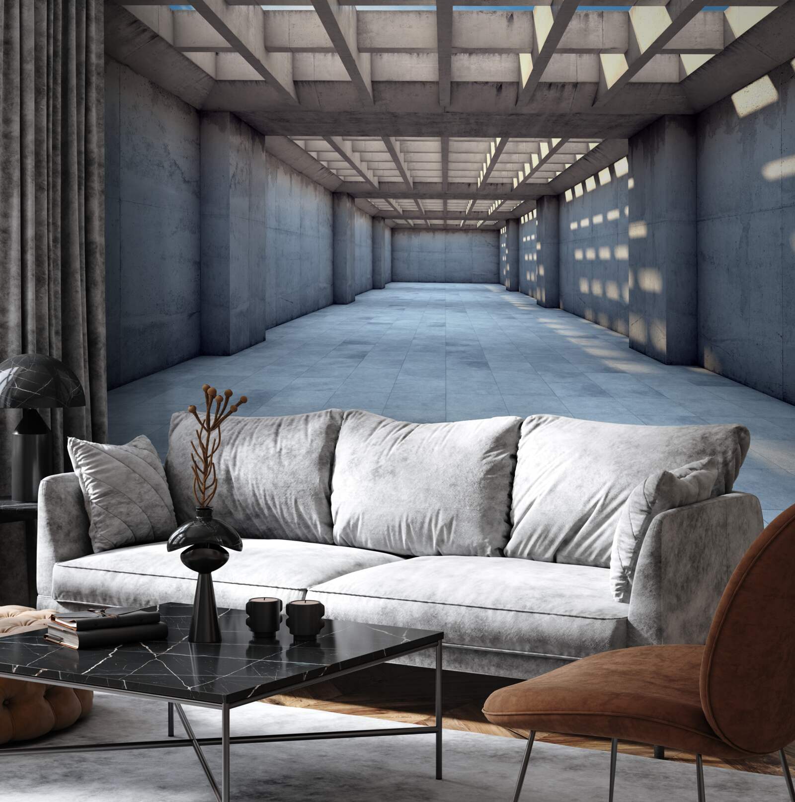 Фотошпалери яскраво освітлений коридор зі стелею, вкритою дерев'яною решіткою