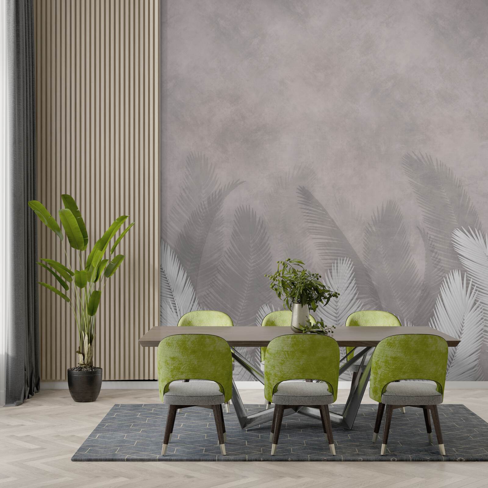 Фотошпалери туманний ліс осяяний яскравим листям папороті