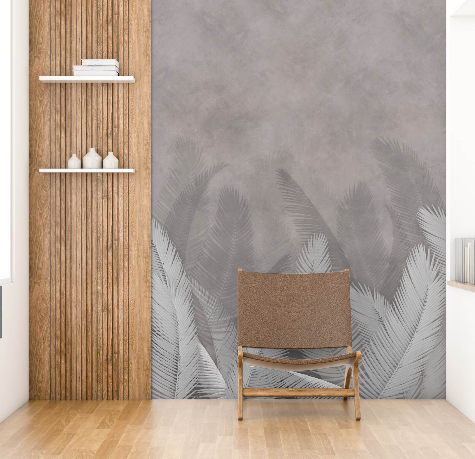 Фотошпалери туманний ліс осяяний яскравим листям папороті