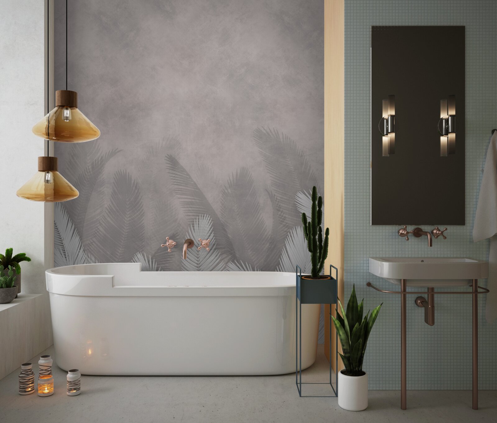 Фотошпалери туманний ліс осяяний яскравим листям папороті