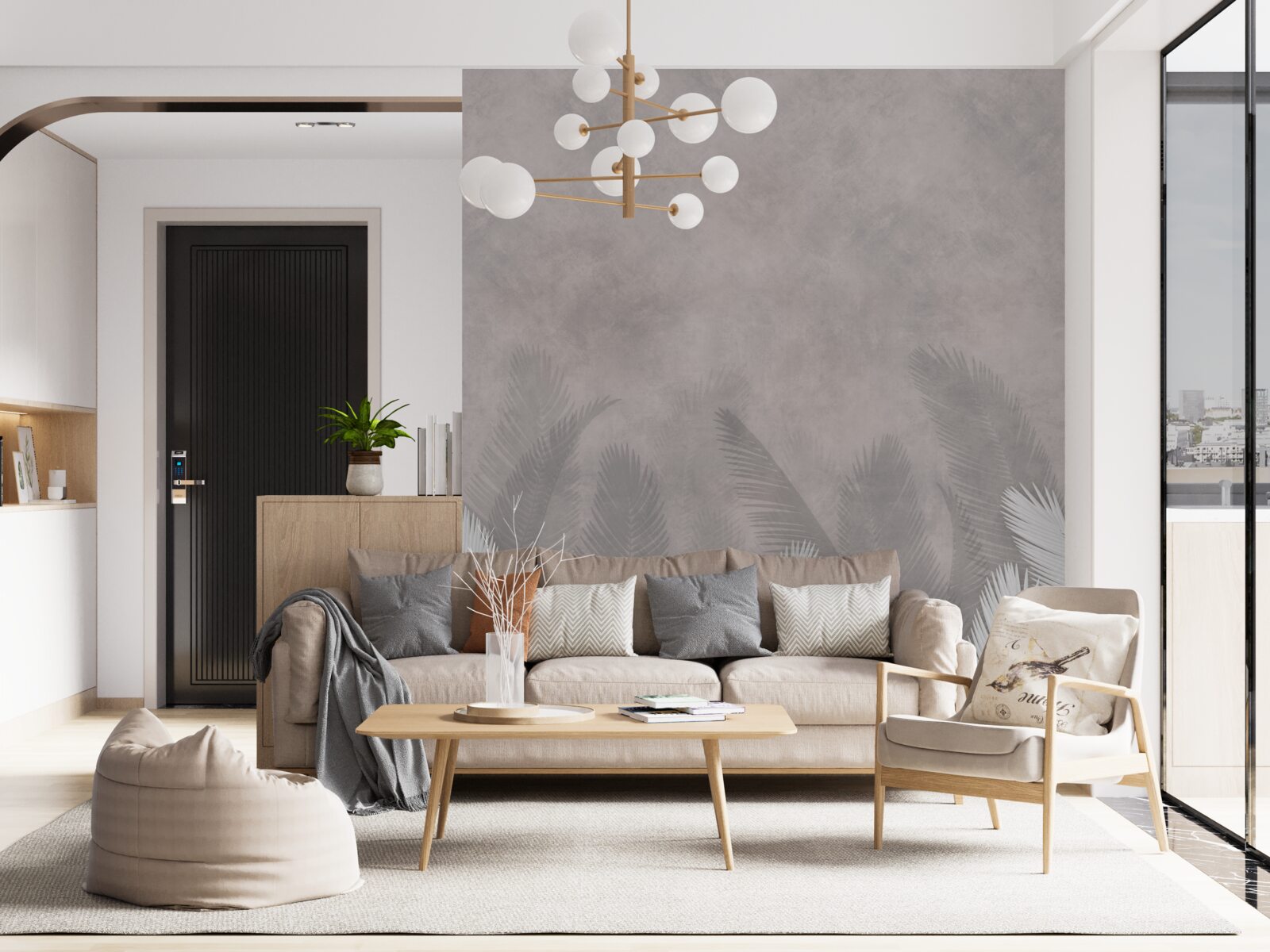 Фотошпалери туманний ліс осяяний яскравим листям папороті