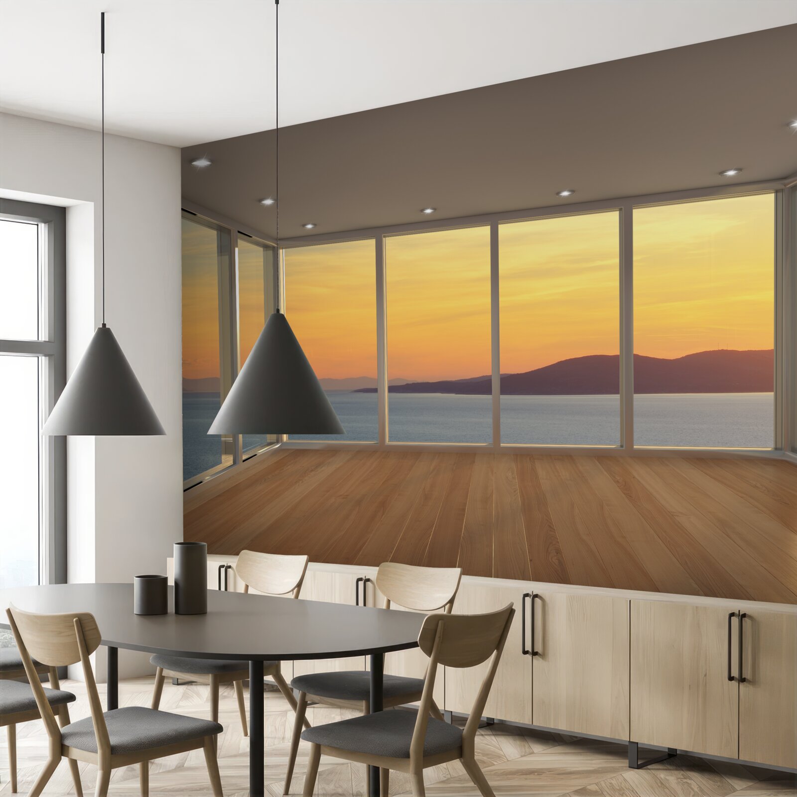 Фотошпалери неймовірно красивий краєвид заходу сонця та моря з панорамних вікон