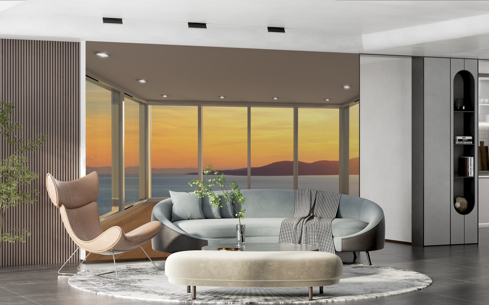 Фотошпалери неймовірно красивий краєвид заходу сонця та моря з панорамних вікон