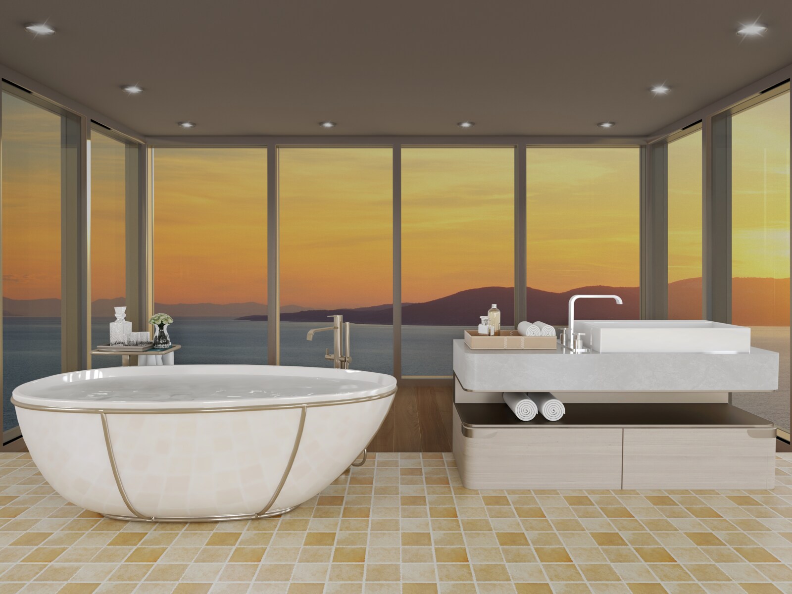 Фотошпалери неймовірно красивий краєвид заходу сонця та моря з панорамних вікон