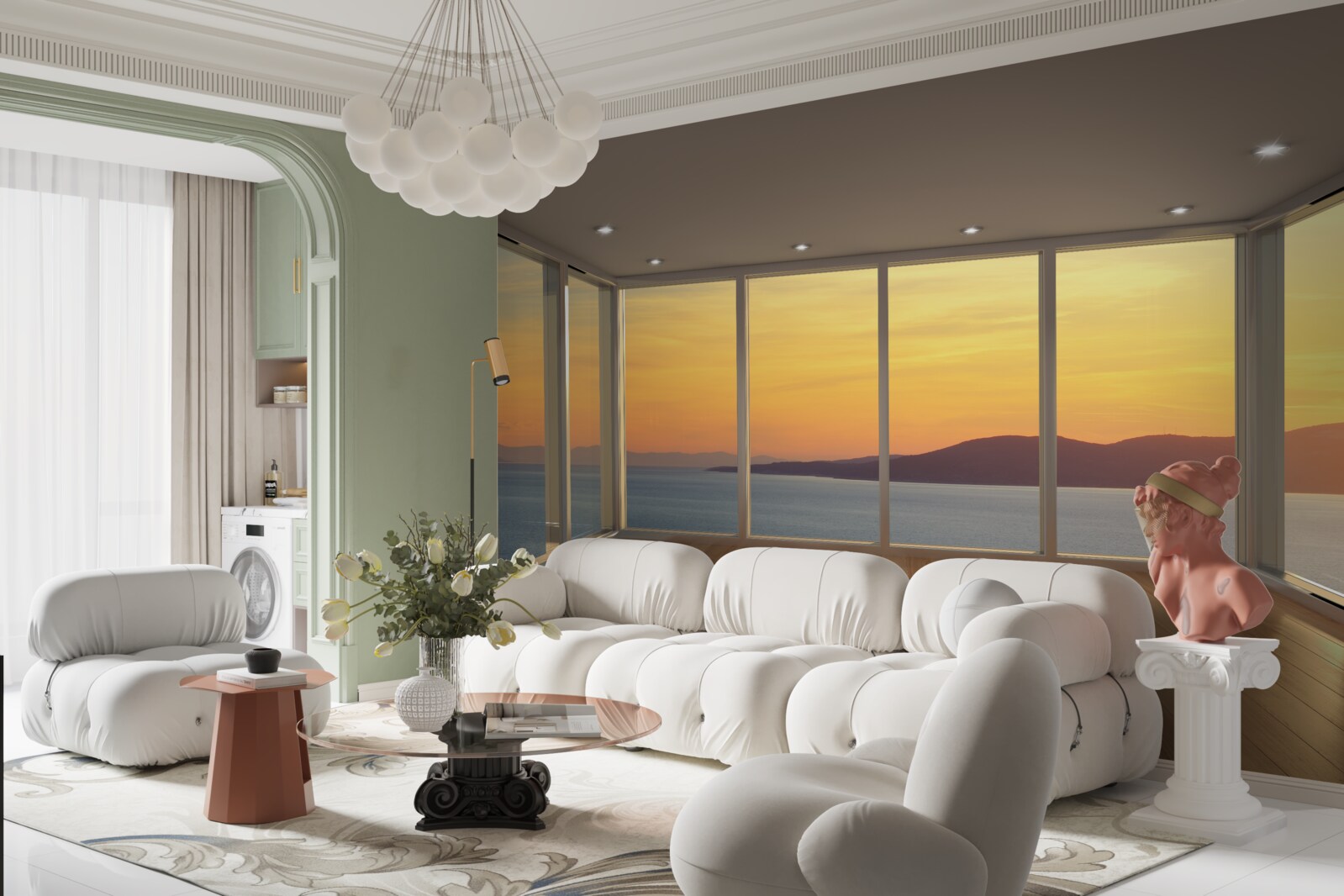 Фотошпалери неймовірно красивий краєвид заходу сонця та моря з панорамних вікон