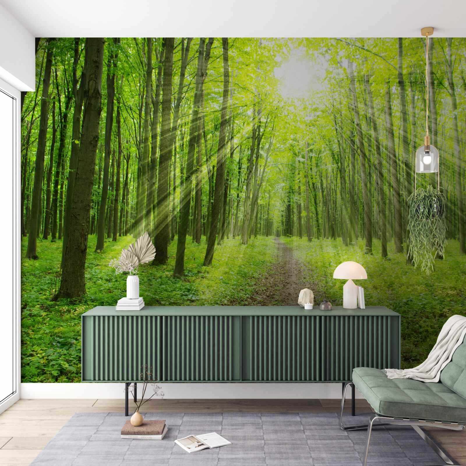 Фотошпалери Промені сонця в пишному зеленому лісі яскраво освітлюють все навколо