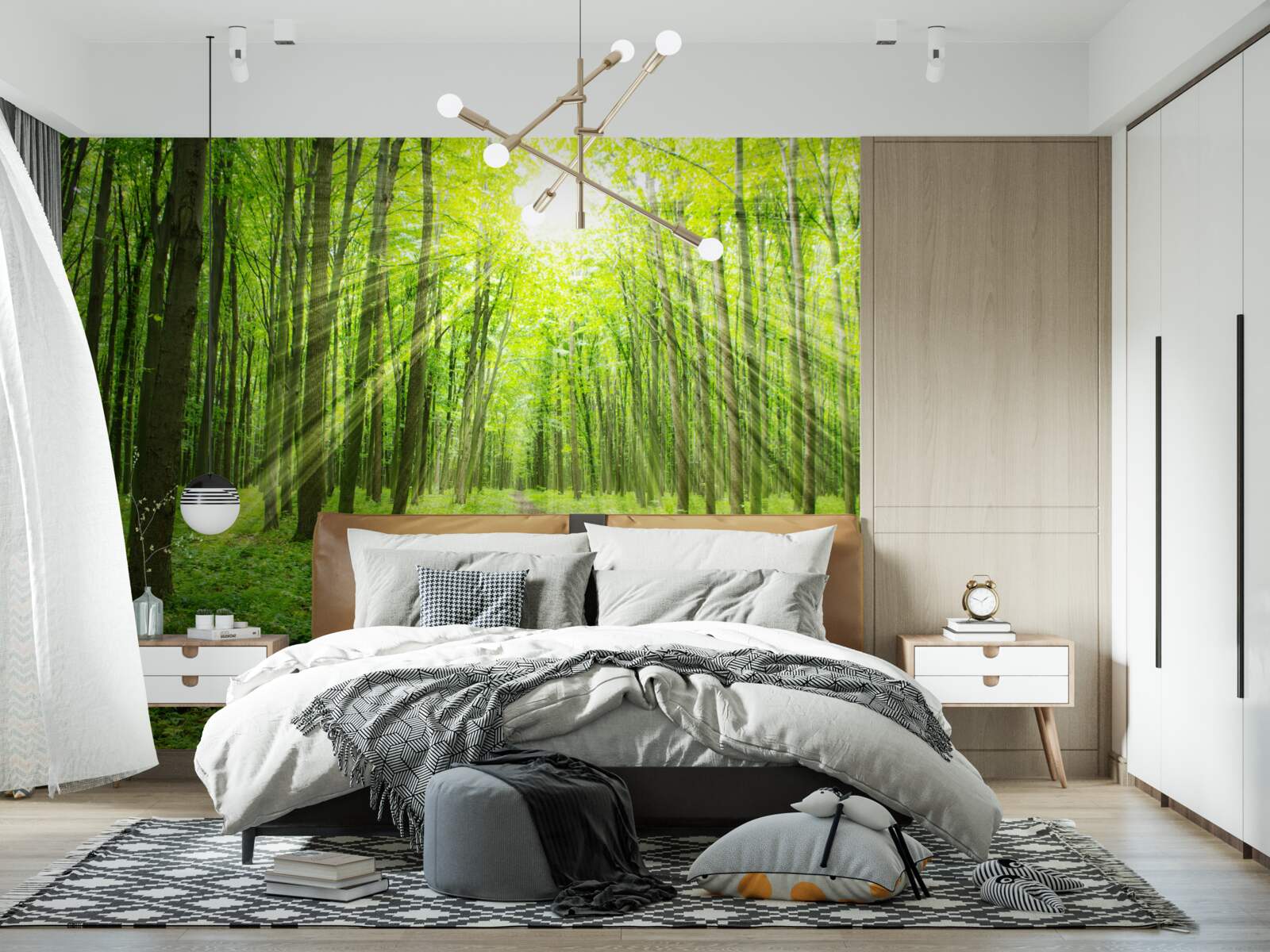 Фотошпалери Промені сонця в пишному зеленому лісі яскраво освітлюють все навколо