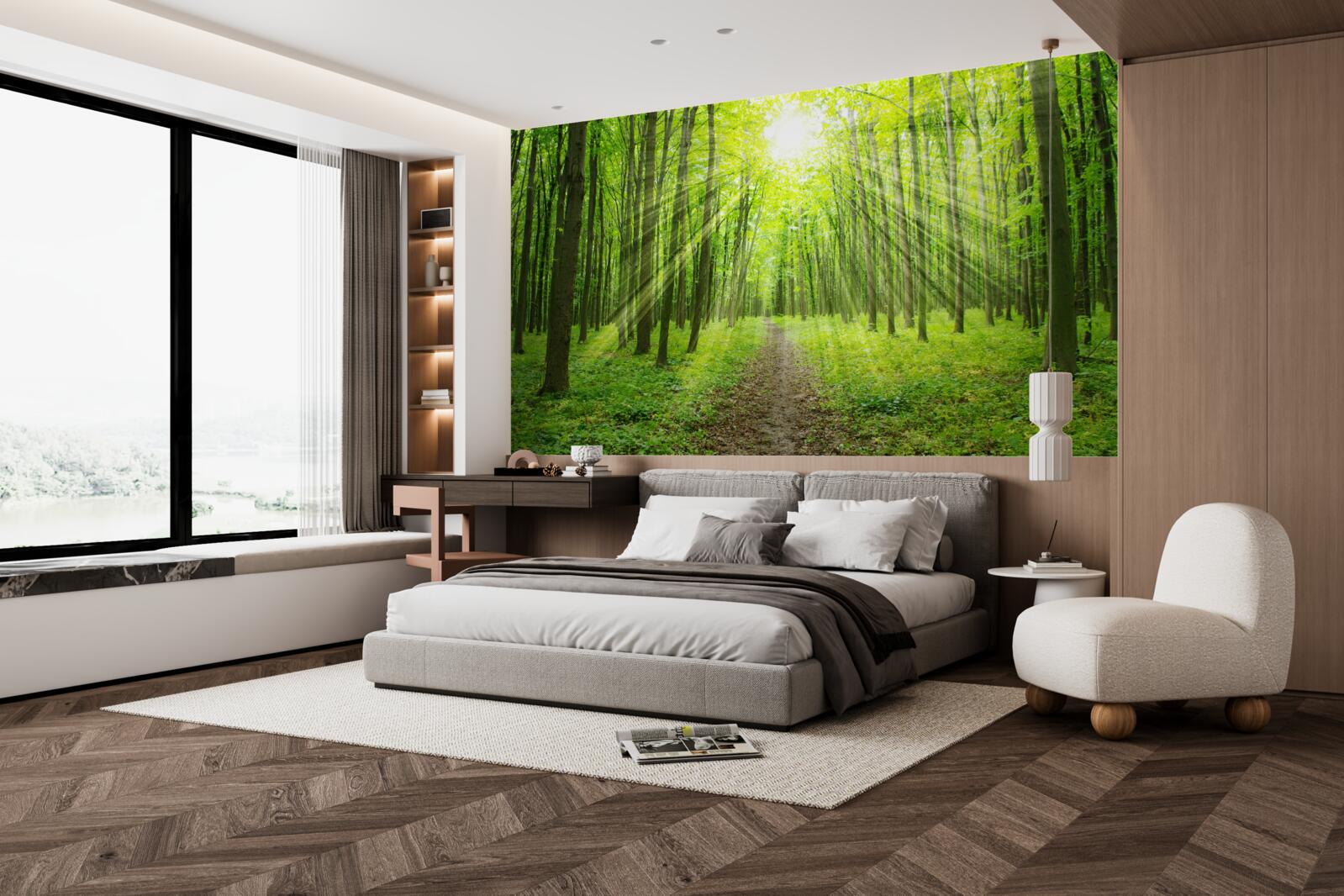 Фотошпалери Промені сонця в пишному зеленому лісі яскраво освітлюють все навколо