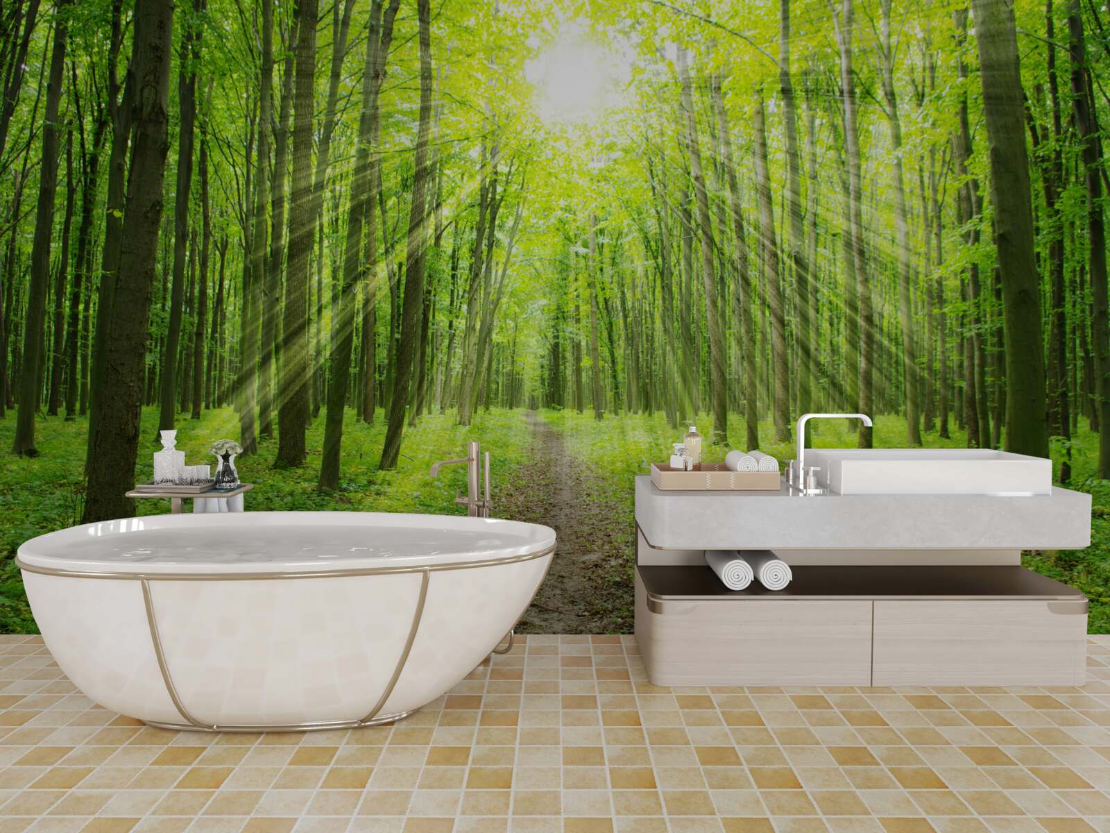 Фотошпалери Промені сонця в пишному зеленому лісі яскраво освітлюють все навколо