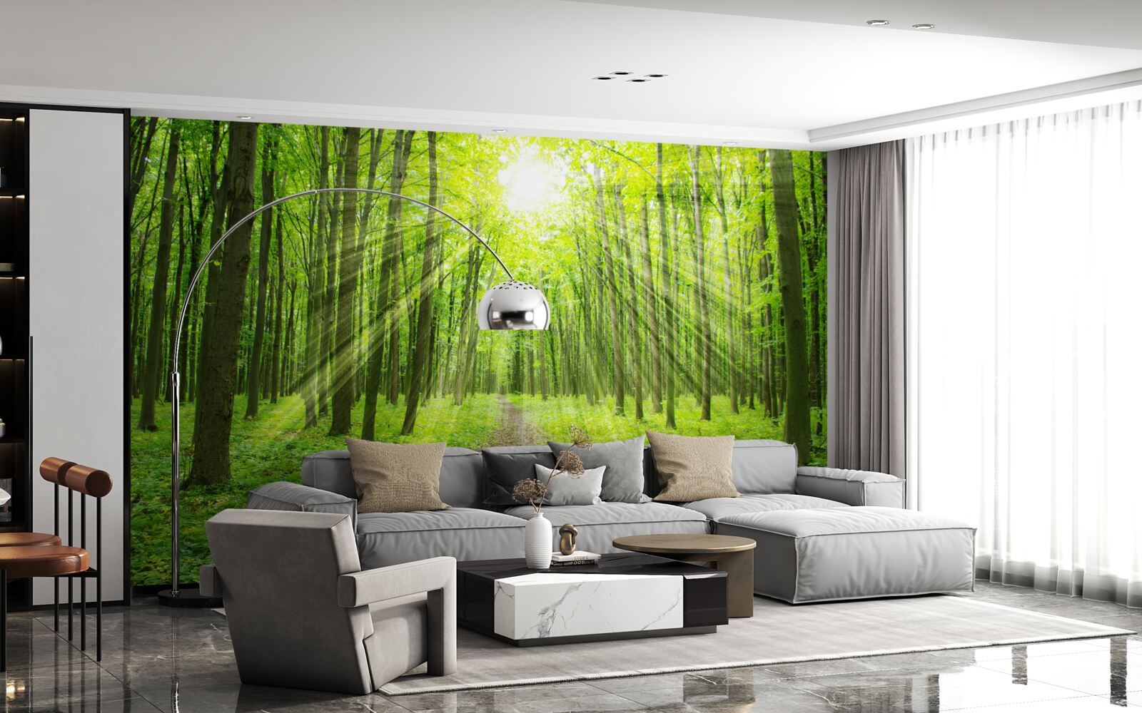 Фотошпалери Промені сонця в пишному зеленому лісі яскраво освітлюють все навколо