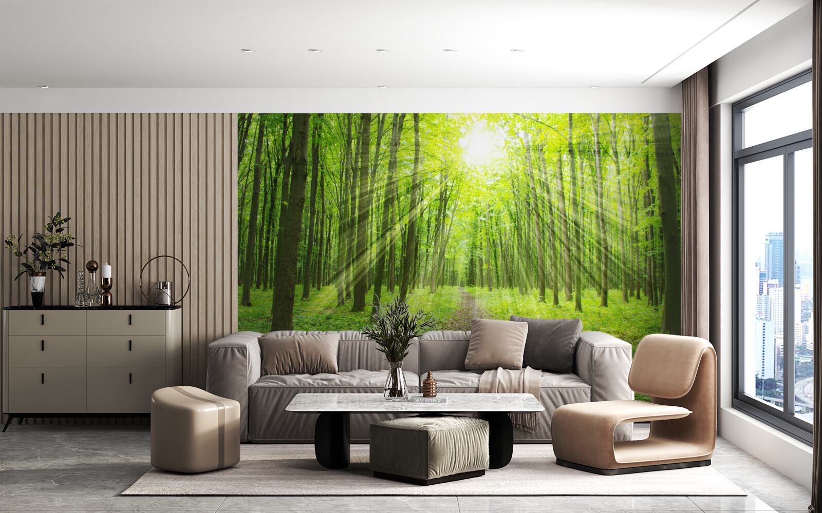 Фотошпалери Промені сонця в пишному зеленому лісі яскраво освітлюють все навколо