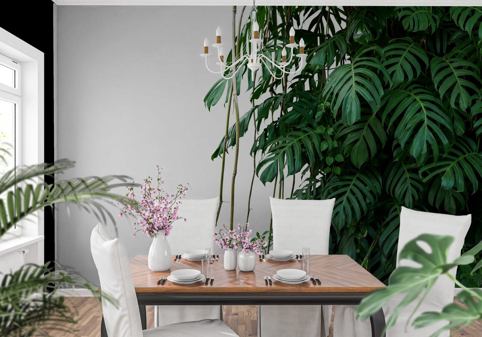 Фотошпалери щільне листя монстери у відтінках зеленого