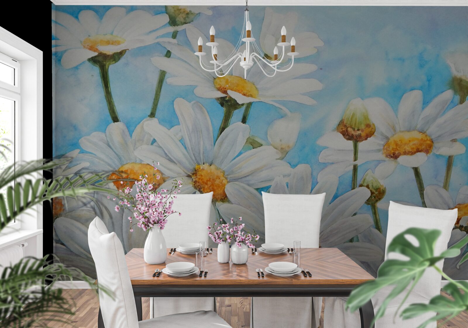 Фотошпалери на тлі неба лежить поле, всіяне білими літніми ромашками