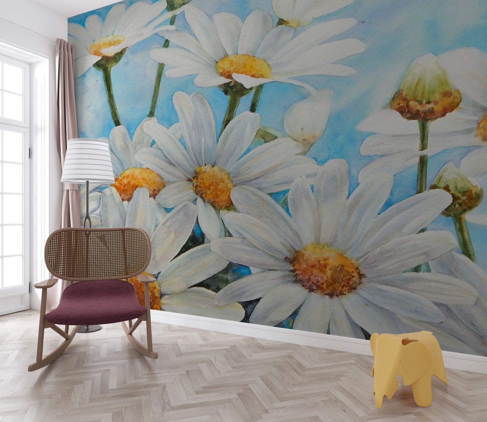 Фотошпалери на тлі неба лежить поле, всіяне білими літніми ромашками