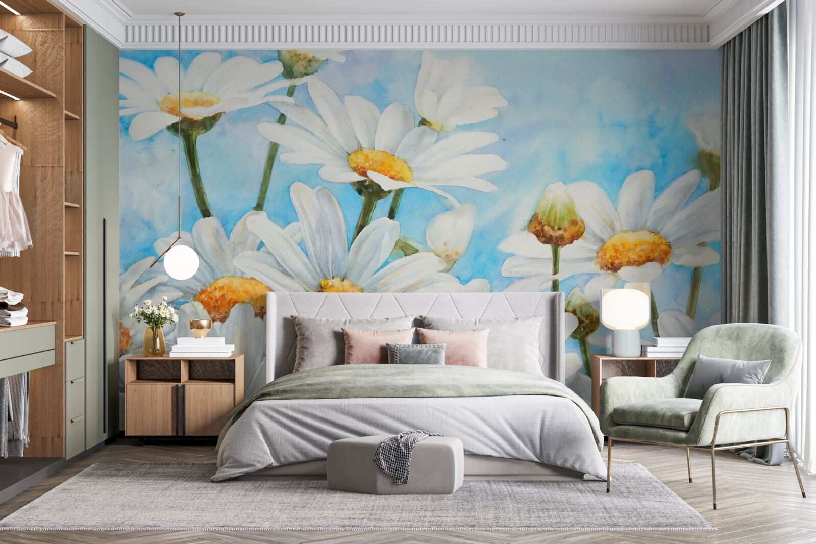 Фотошпалери на тлі неба лежить поле, всіяне білими літніми ромашками