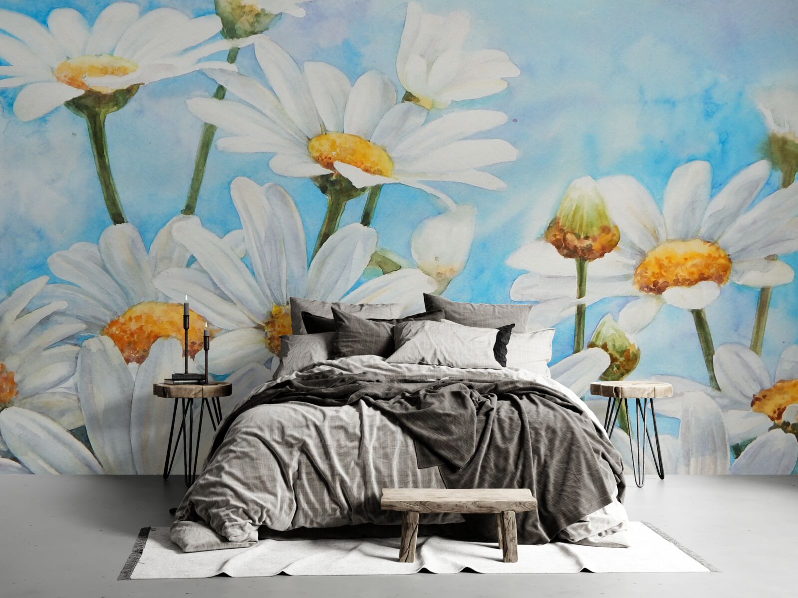 Фотошпалери на тлі неба лежить поле, всіяне білими літніми ромашками