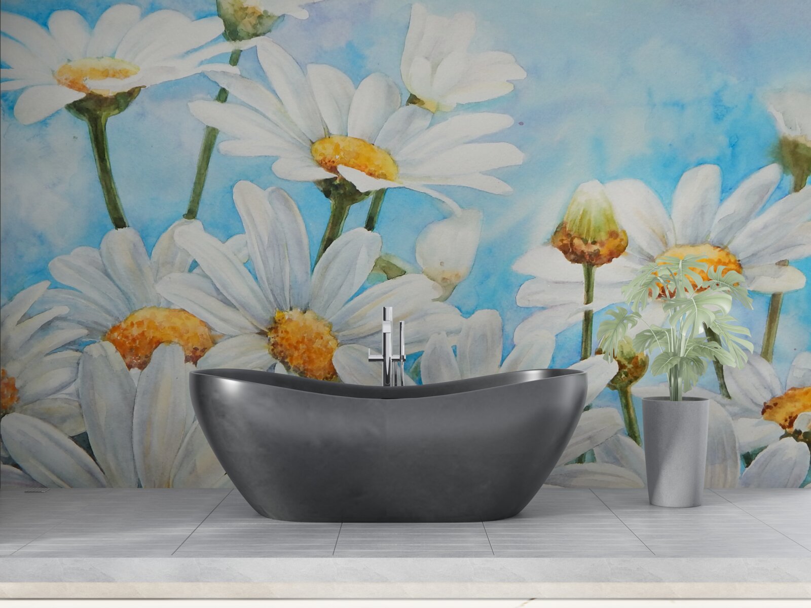 Фотошпалери на тлі неба лежить поле, всіяне білими літніми ромашками