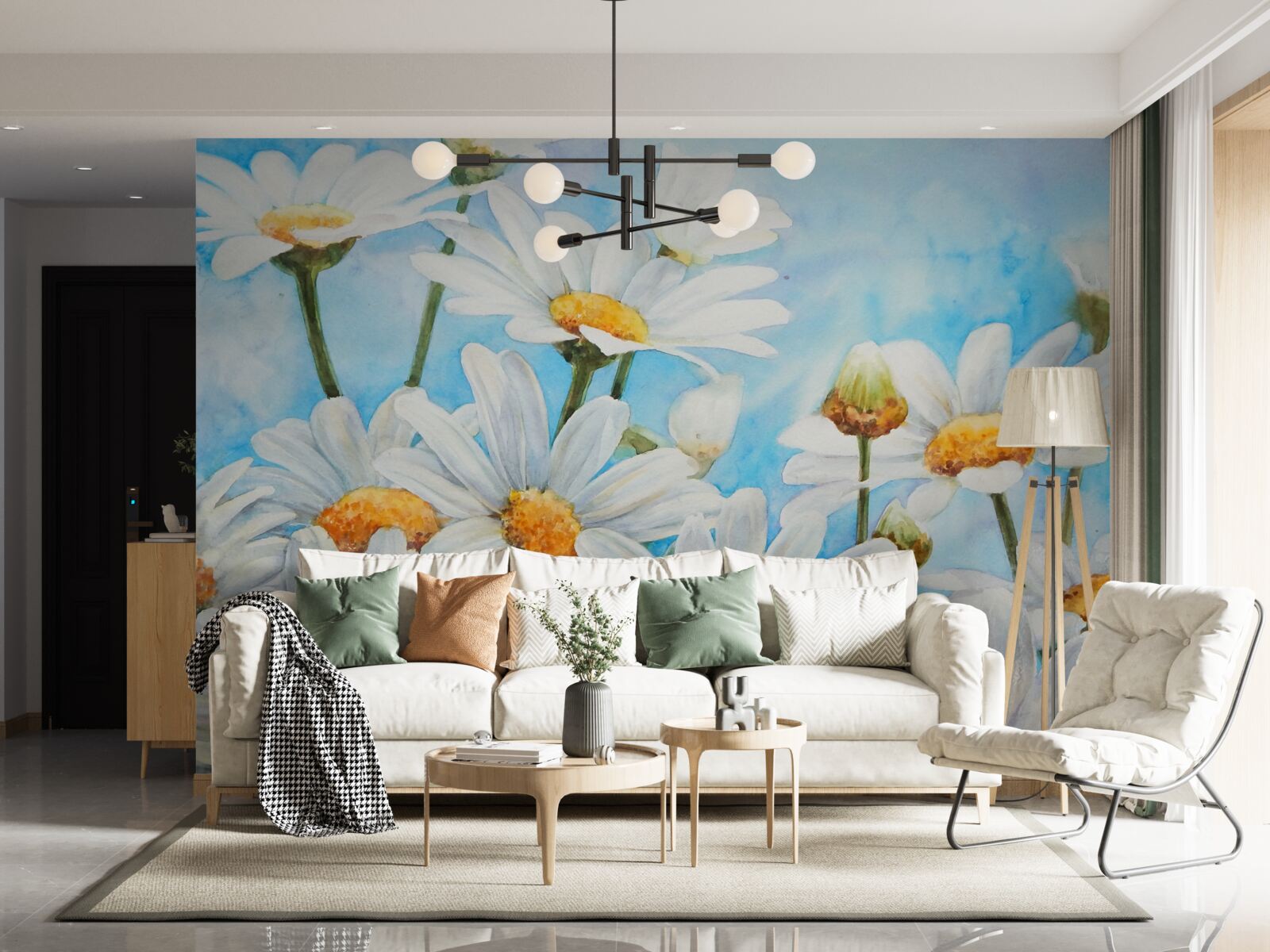 Фотошпалери на тлі неба лежить поле, всіяне білими літніми ромашками