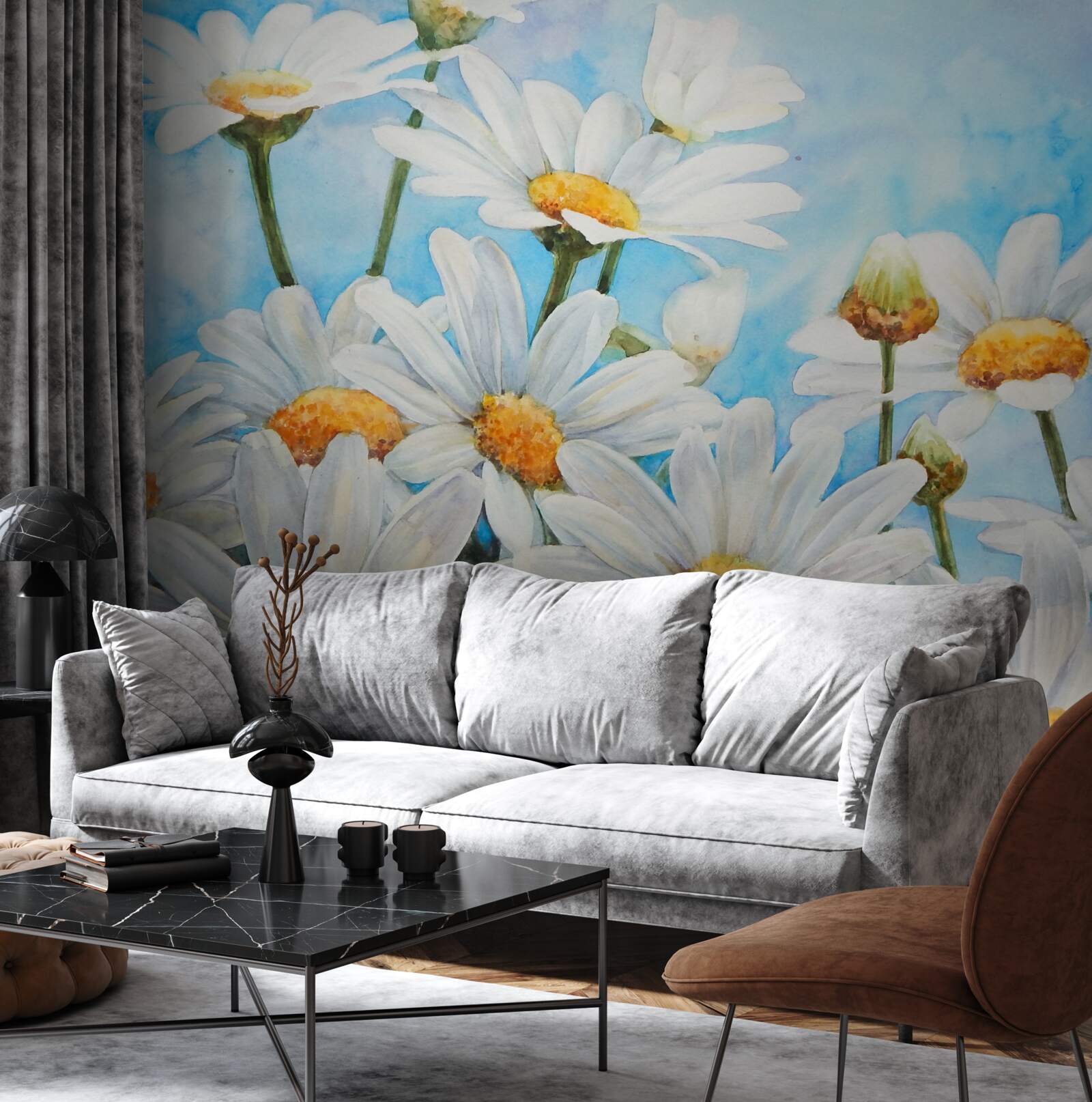 Фотошпалери на тлі неба лежить поле, всіяне білими літніми ромашками