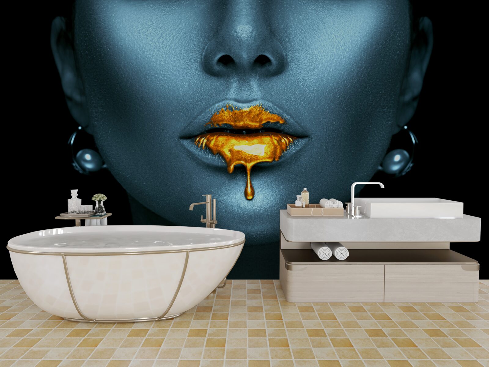 Фотошпалери жінка з губами, нафарбованими золотою фарбою