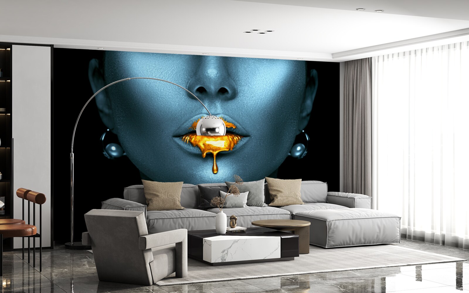 Фотошпалери жінка з губами, нафарбованими золотою фарбою