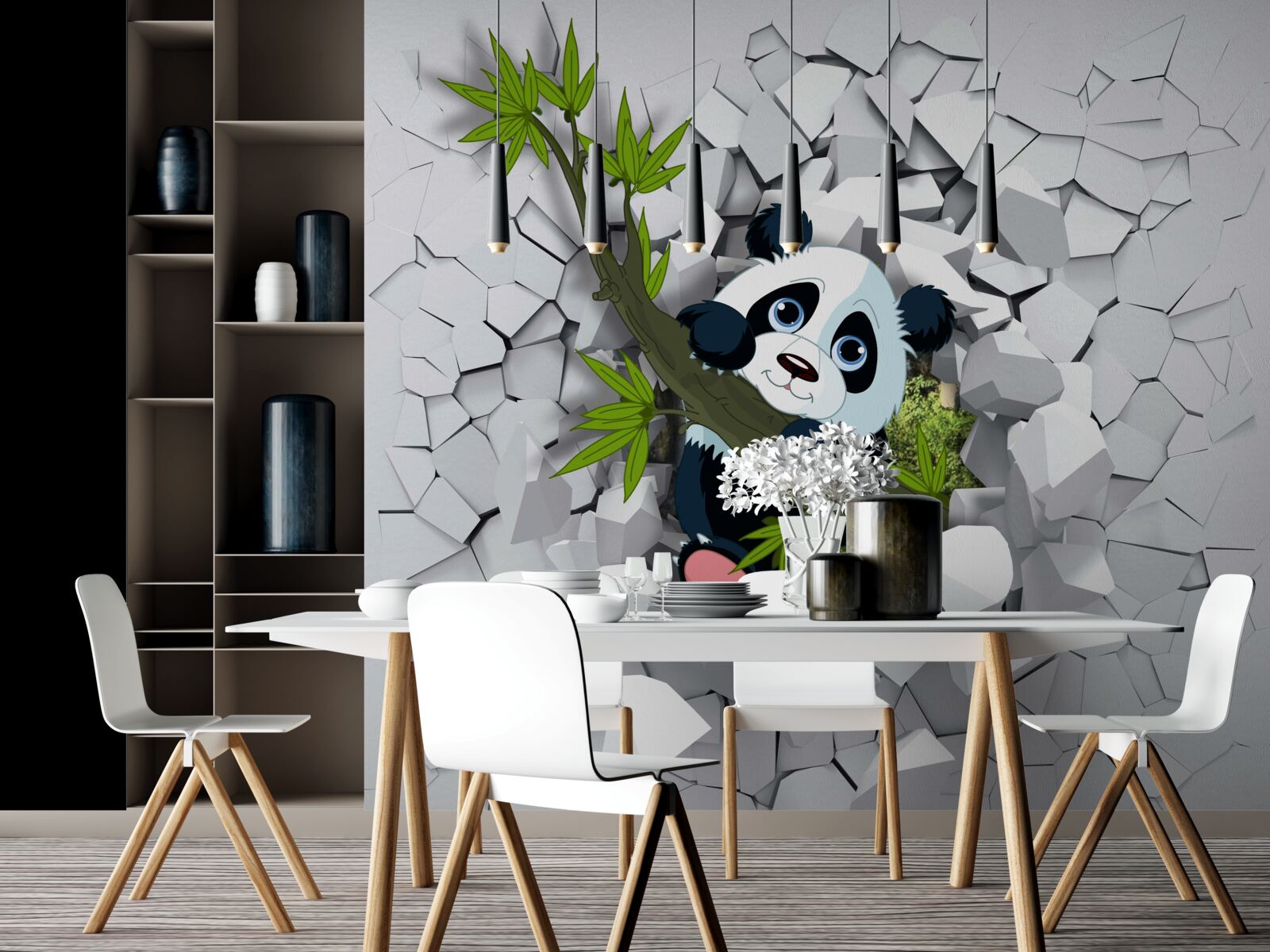 Фотошпалери панда обережно визирає зі зруйнованої цегляної стіни