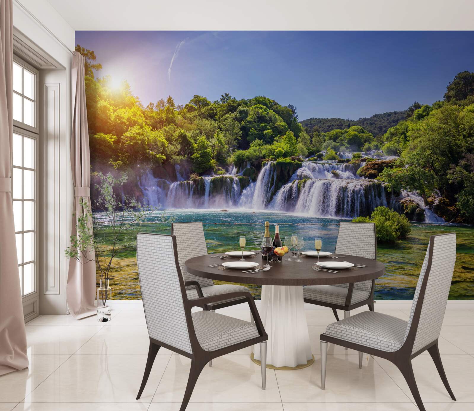 Фотошпалери водоспад, що мчить води в сутінках, видає гучний звук