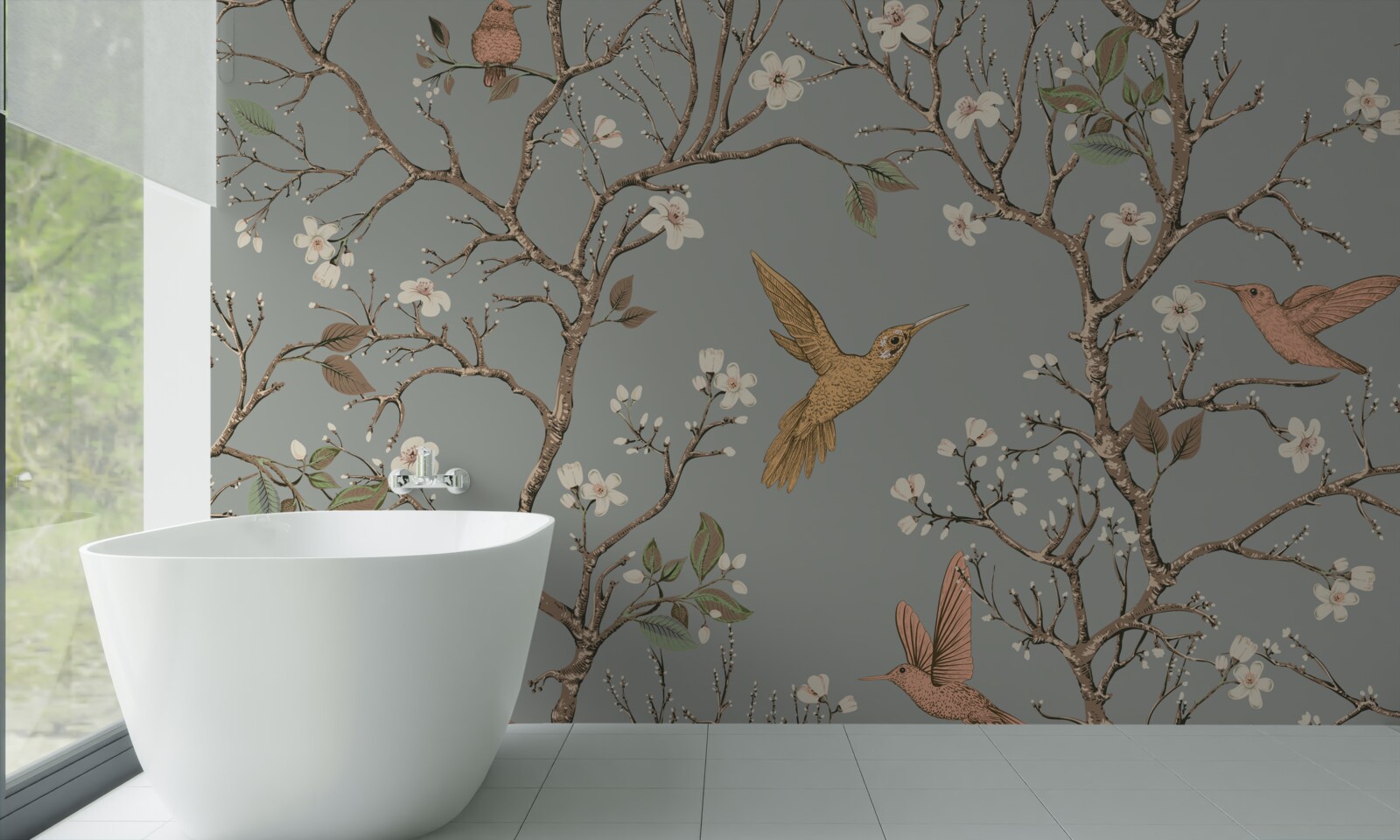 Фотошпалери квітуче дерево та колібрі