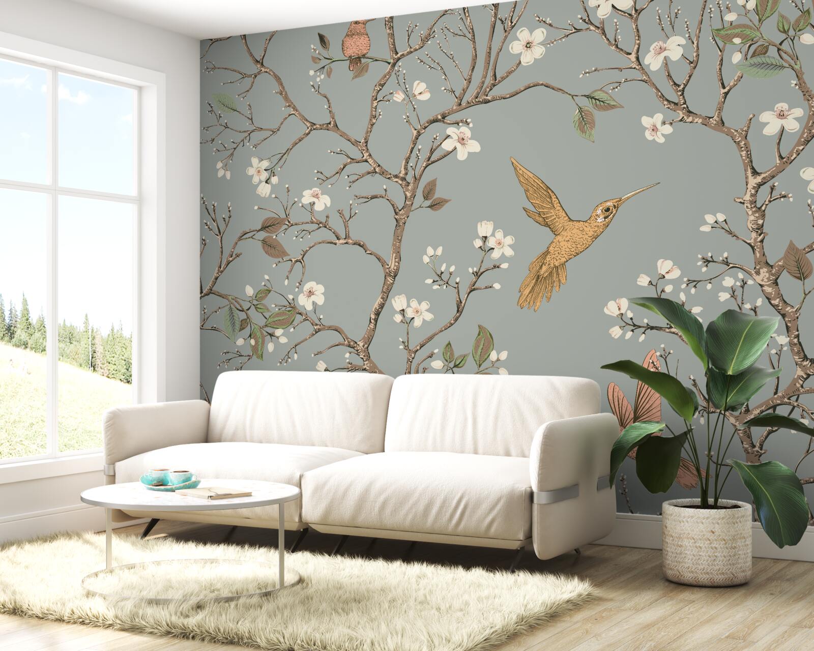 Фотошпалери квітуче дерево та колібрі