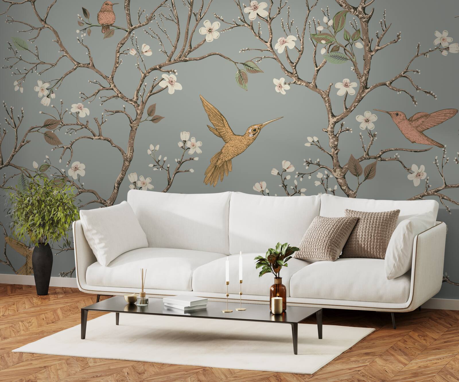 Фотошпалери квітуче дерево та колібрі