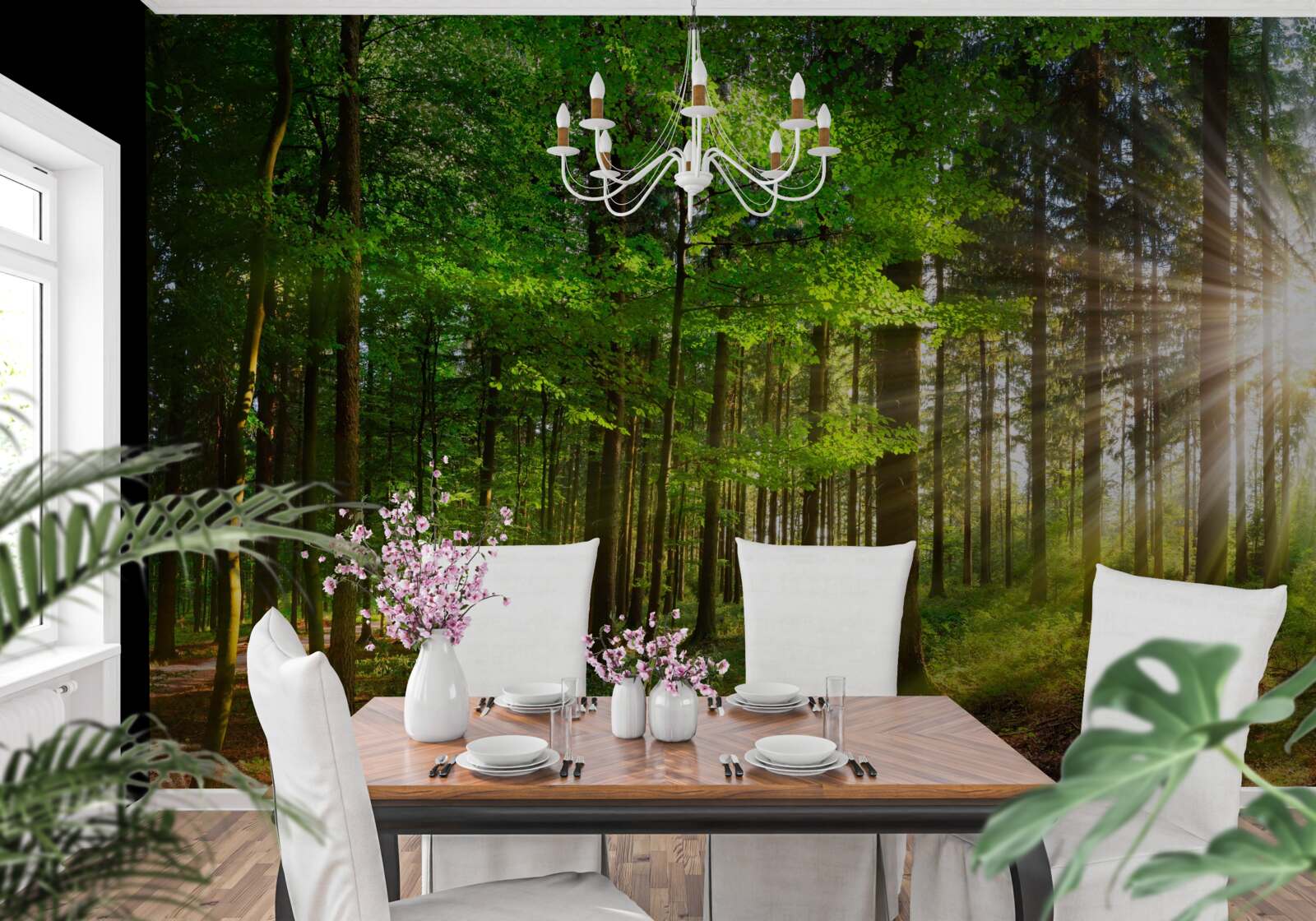 Фотошпалери яскраве сонце в лісі, вкритому зеленим листям