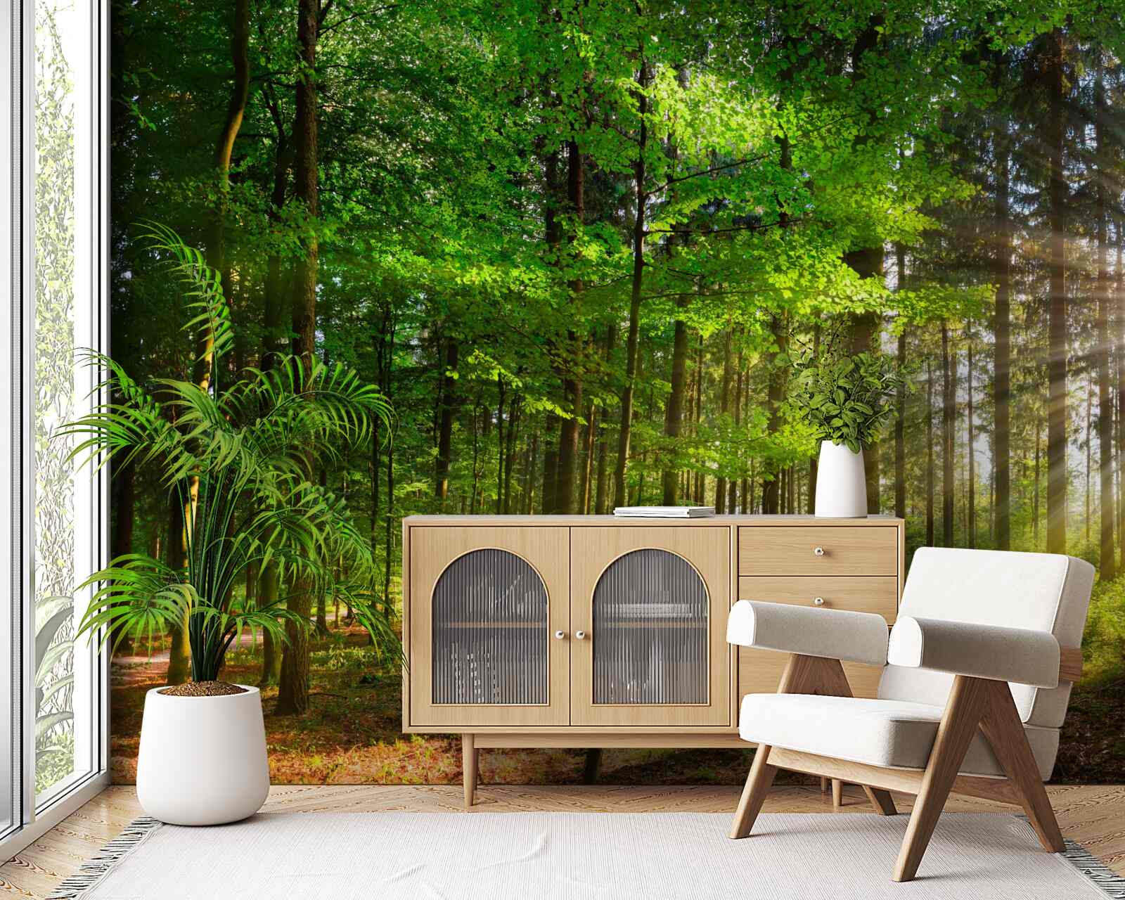 Фотошпалери яскраве сонце в лісі, вкритому зеленим листям