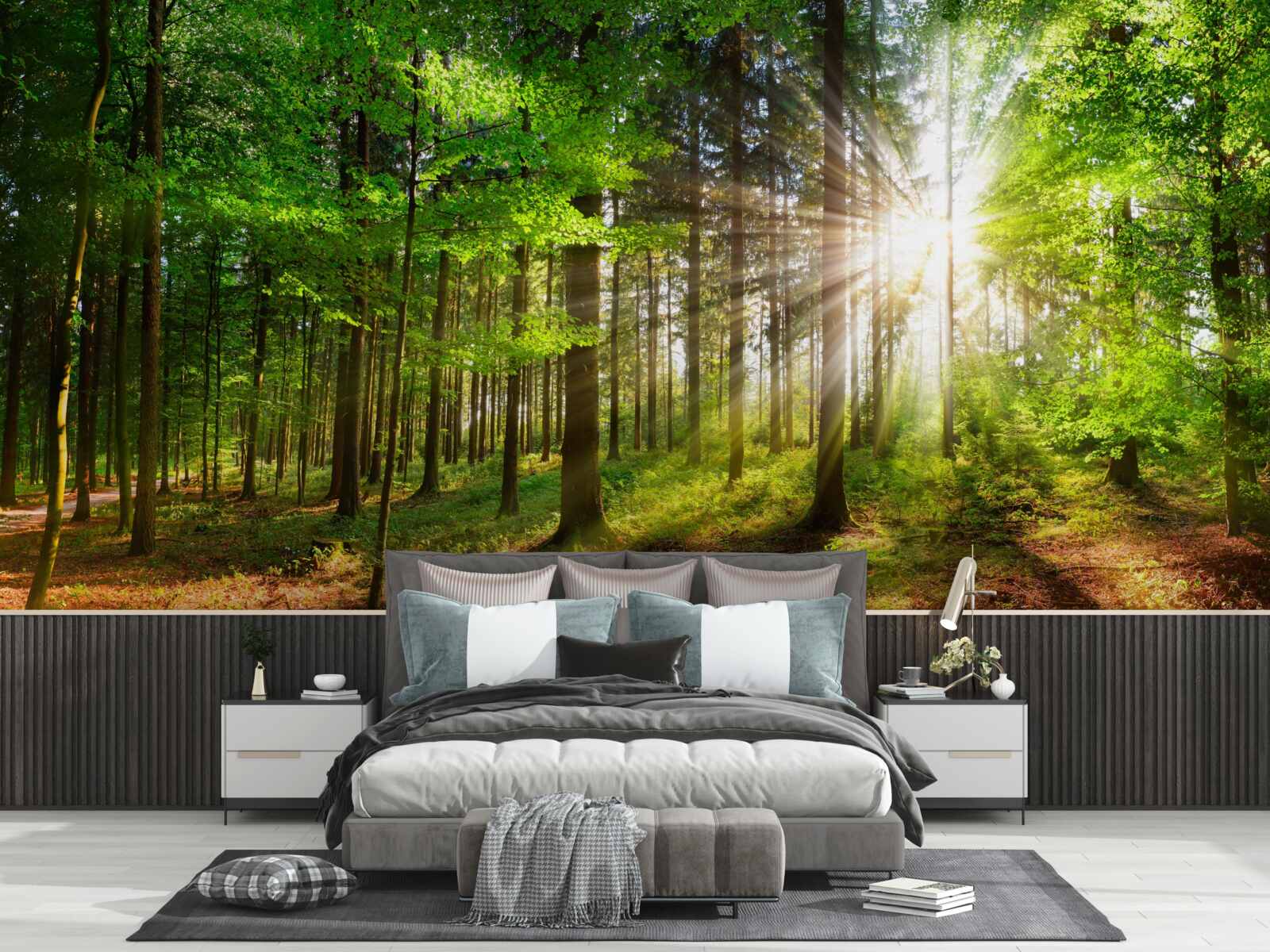 Фотошпалери яскраве сонце в лісі, вкритому зеленим листям