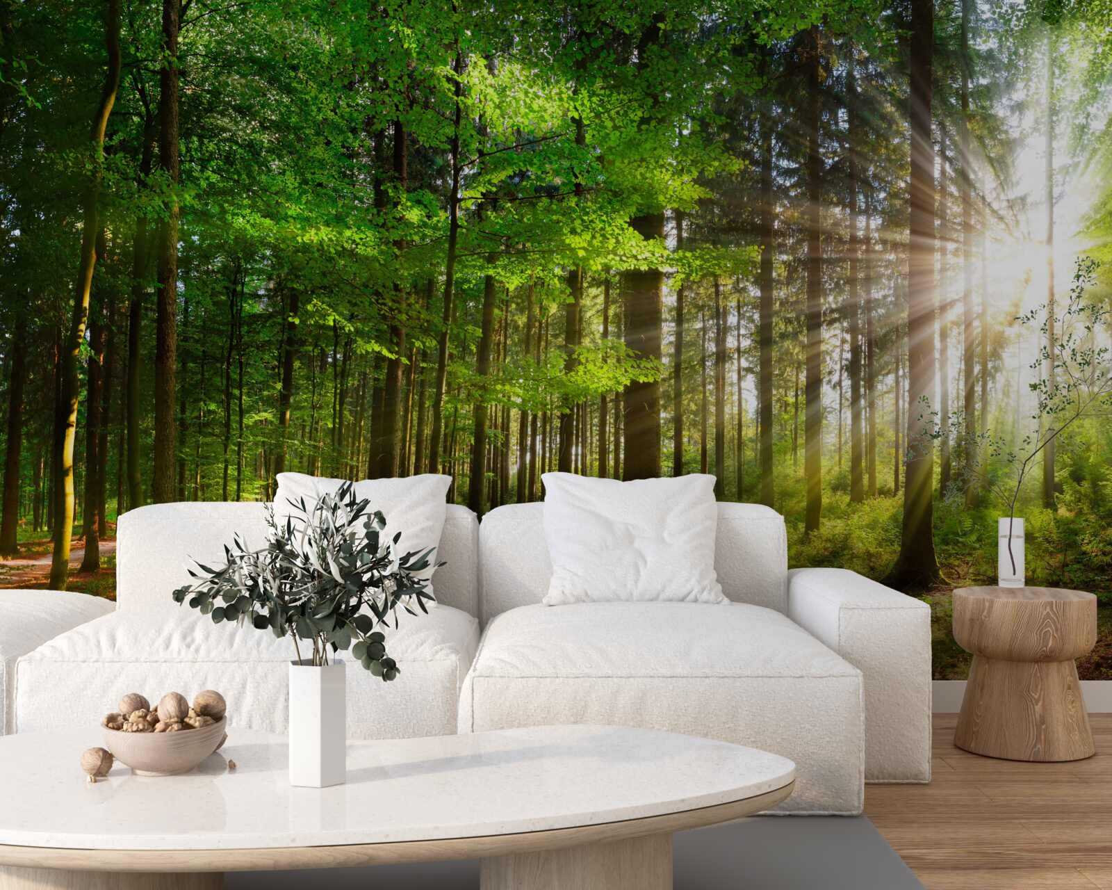 Фотошпалери яскраве сонце в лісі, вкритому зеленим листям