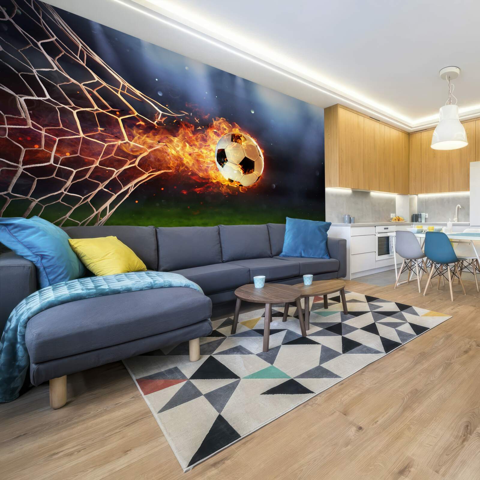 Фотошпалери палаючий м'яч вибухає у сітці воріт