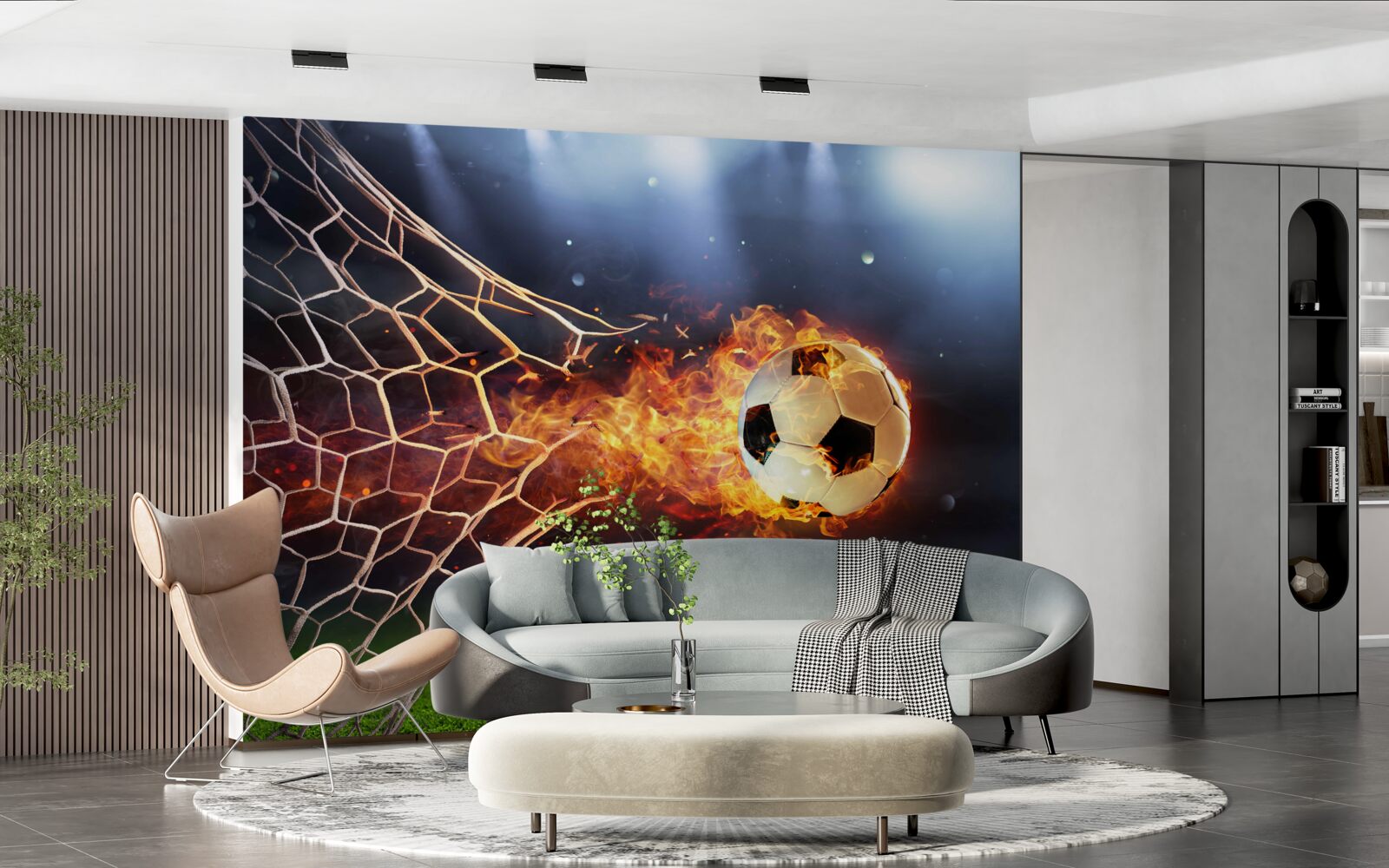 Фотошпалери палаючий м'яч вибухає у сітці воріт