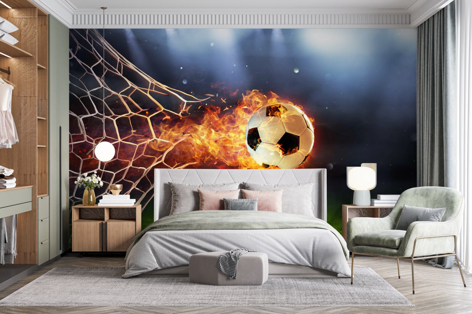 Фотошпалери палаючий м'яч вибухає у сітці воріт