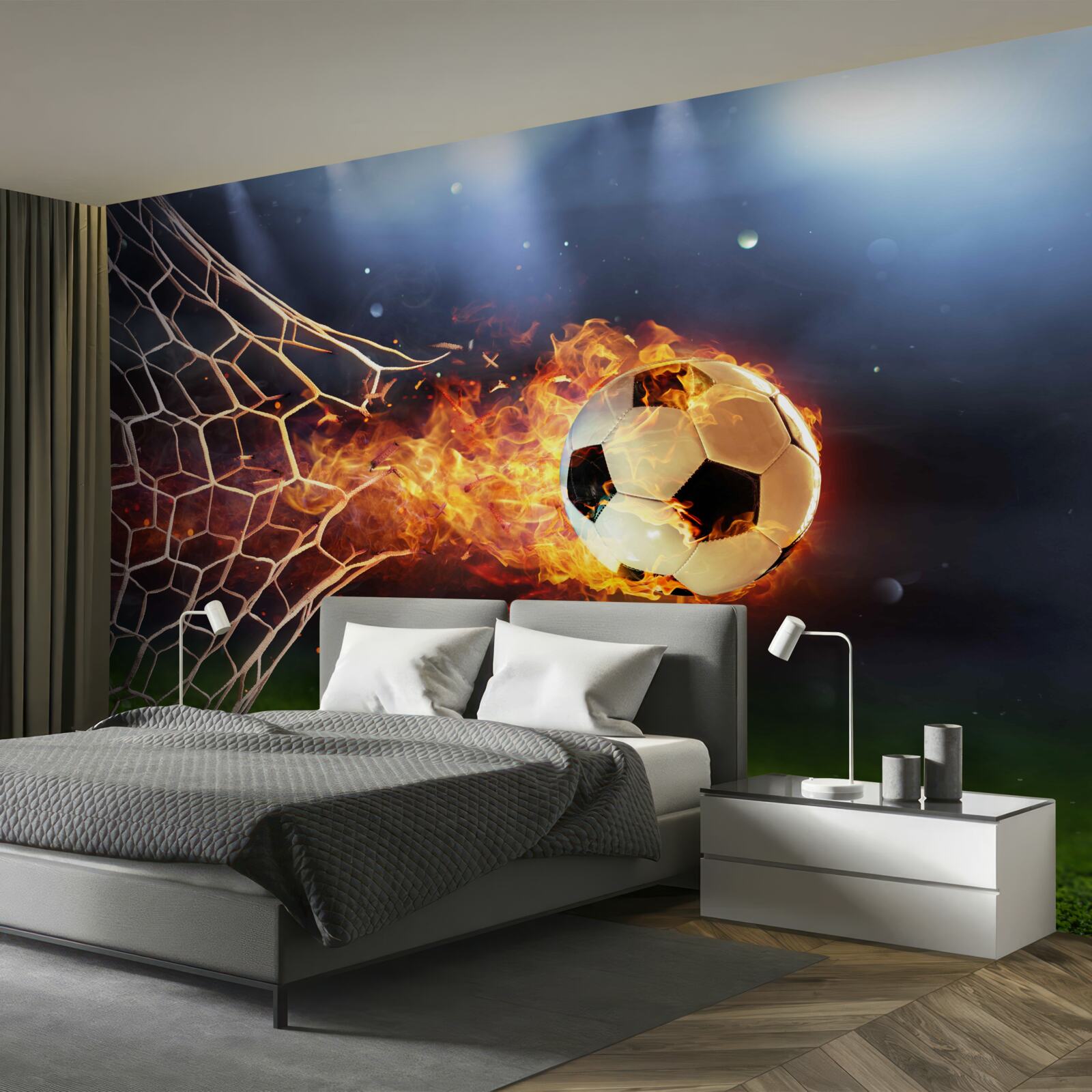 Фотошпалери палаючий м'яч вибухає у сітці воріт