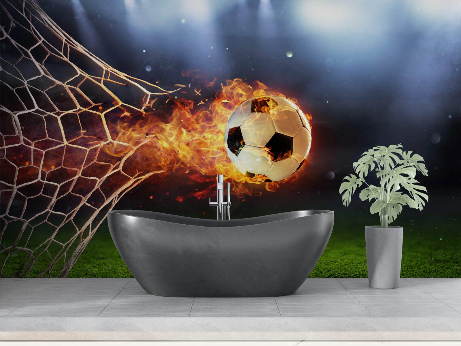Фотошпалери палаючий м'яч вибухає у сітці воріт