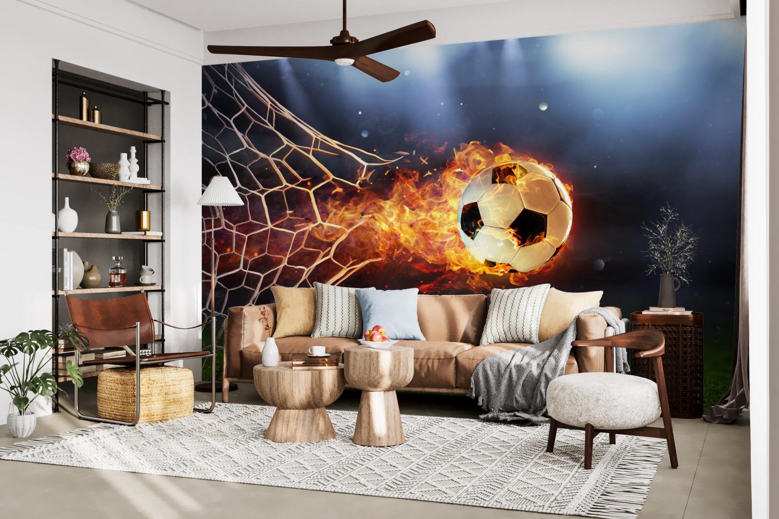 Фотошпалери палаючий м'яч вибухає у сітці воріт